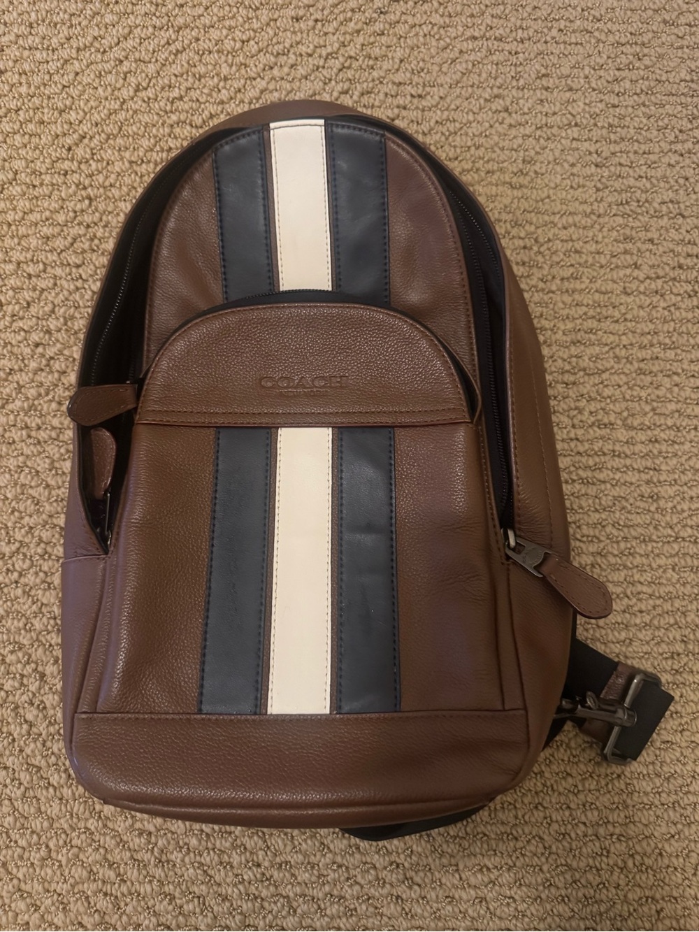 Coach Brown Leather Sling Backpack with Navy and White Center Stripes